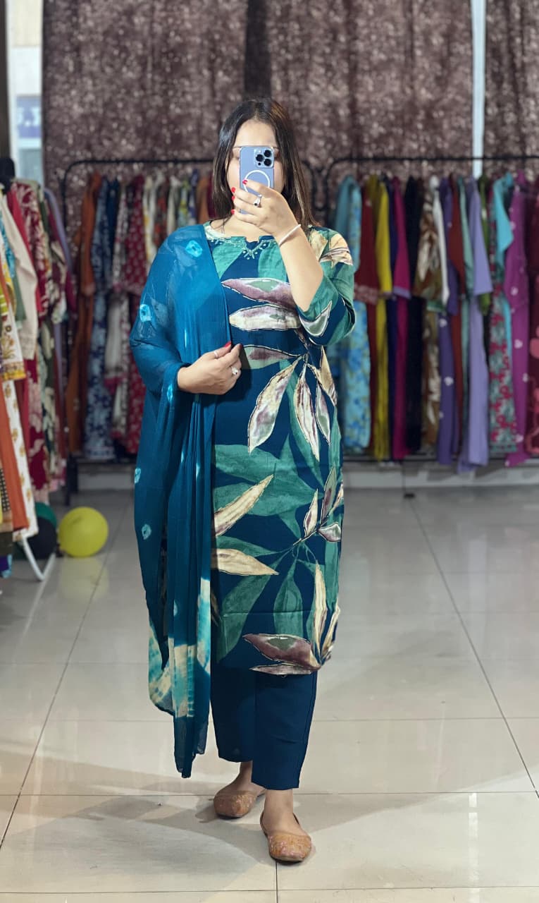 Trendy Cotton Reyon Floral Print Kurta Pant Dupatta Set with Handwork Neck