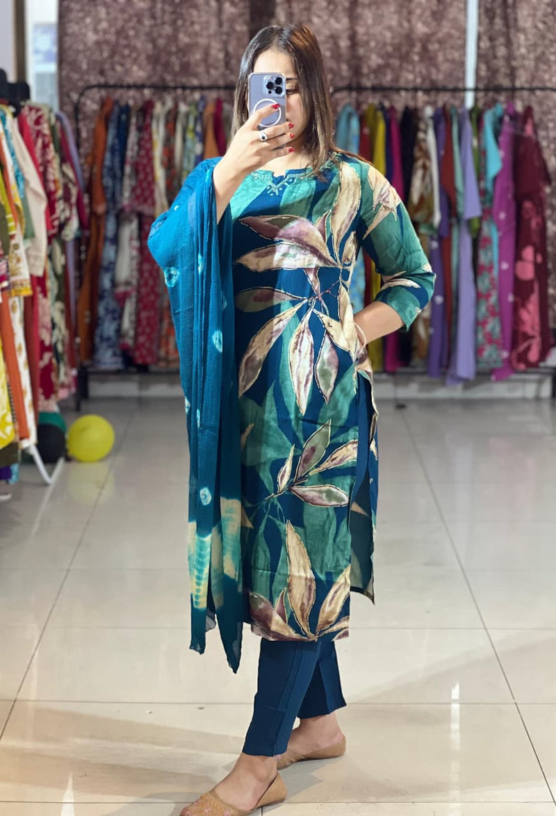 Trendy Cotton Reyon Floral Print Kurta Pant Dupatta Set with Handwork Neck