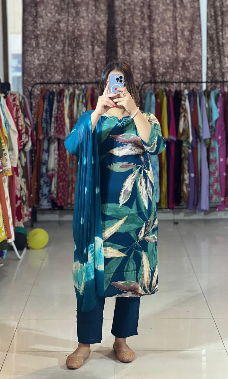 Trendy Cotton Reyon Floral Print Kurta Pant Dupatta Set with Handwork Neck