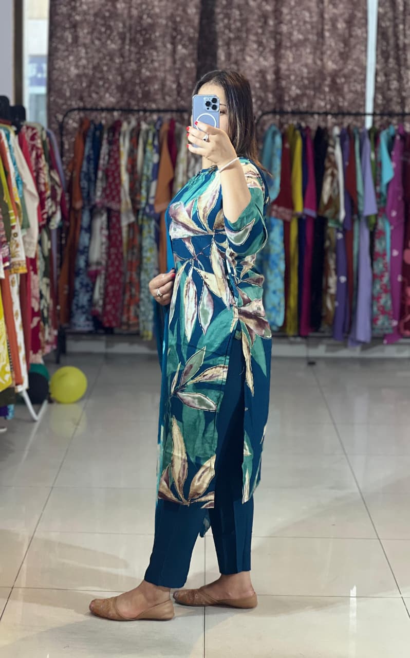 Trendy Cotton Reyon Floral Print Kurta Pant Dupatta Set with Handwork Neck