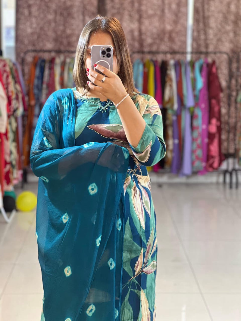 Trendy Cotton Reyon Floral Print Kurta Pant Dupatta Set with Handwork Neck