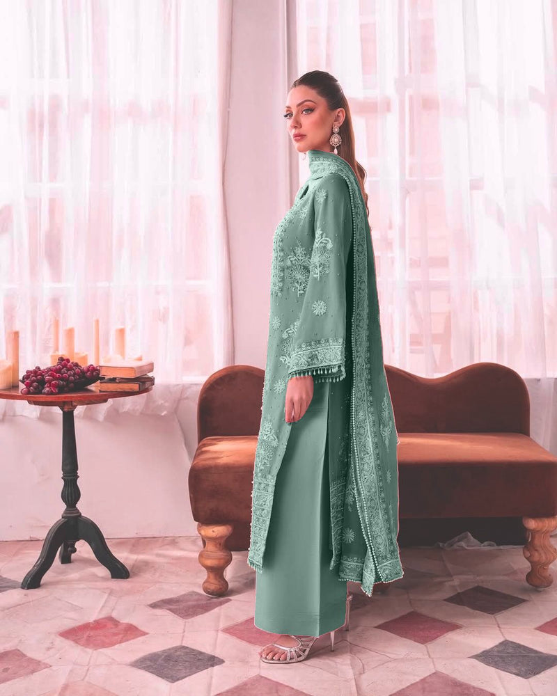 Premium Heavy Faux Georgette Embroidered Kurti Palazzo Dupatta Set