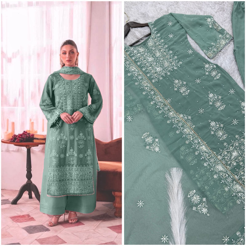 Premium Heavy Faux Georgette Embroidered Kurti Palazzo Dupatta Set
