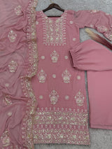 Premium Heavy Faux Georgette Embroidered Kurti Palazzo Dupatta Set