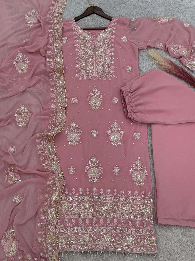 Premium Heavy Faux Georgette Embroidered Kurti Palazzo Dupatta Set