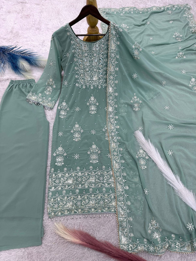 Premium Heavy Faux Georgette Embroidered Kurti Palazzo Dupatta Set