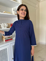 Navy Blue Solid Cotton Co-ord Set with Bead Work &amp; Crochet Lace Detailing