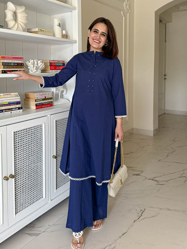 Navy Blue Solid Cotton Co-ord Set with Bead Work &amp; Crochet Lace Detailing