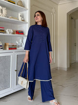 Navy Blue Solid Cotton Co-ord Set with Bead Work &amp; Crochet Lace Detailing