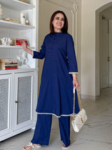 Navy Blue Solid Cotton Co-ord Set with Bead Work &amp; Crochet Lace Detailing