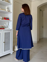 Navy Blue Solid Cotton Co-ord Set with Bead Work &amp; Crochet Lace Detailing