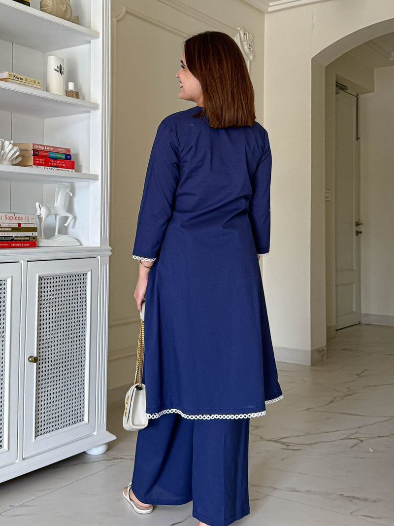 Navy Blue Solid Cotton Co-ord Set with Bead Work &amp; Crochet Lace Detailing