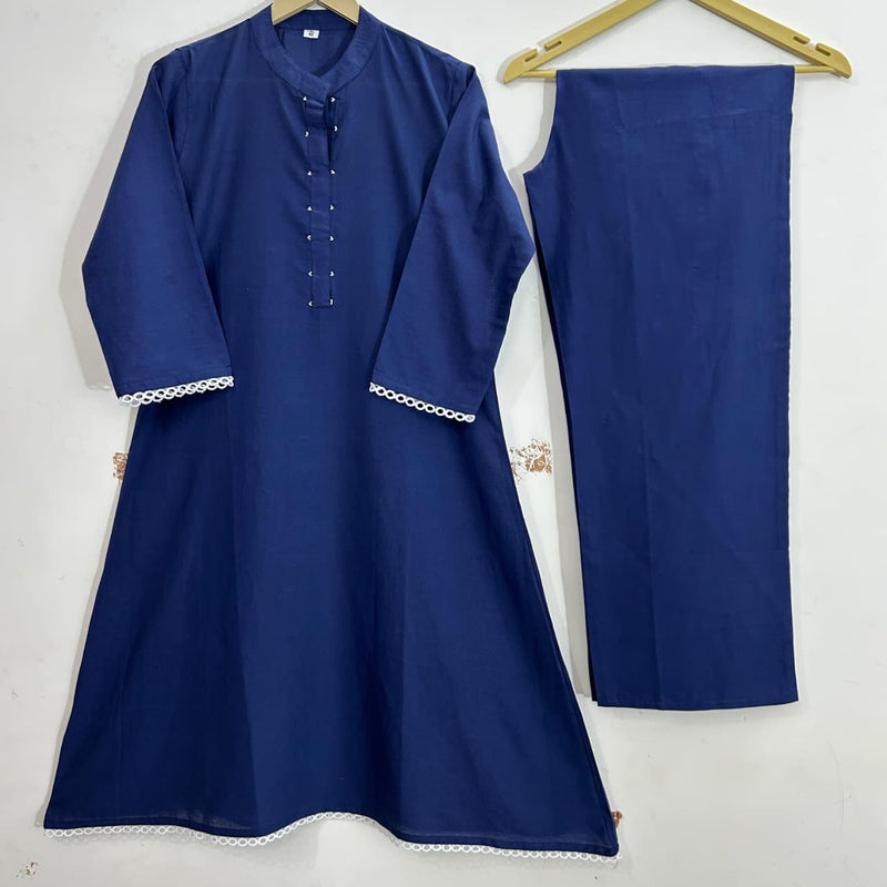 Navy Blue Solid Cotton Co-ord Set with Bead Work &amp; Crochet Lace Detailing