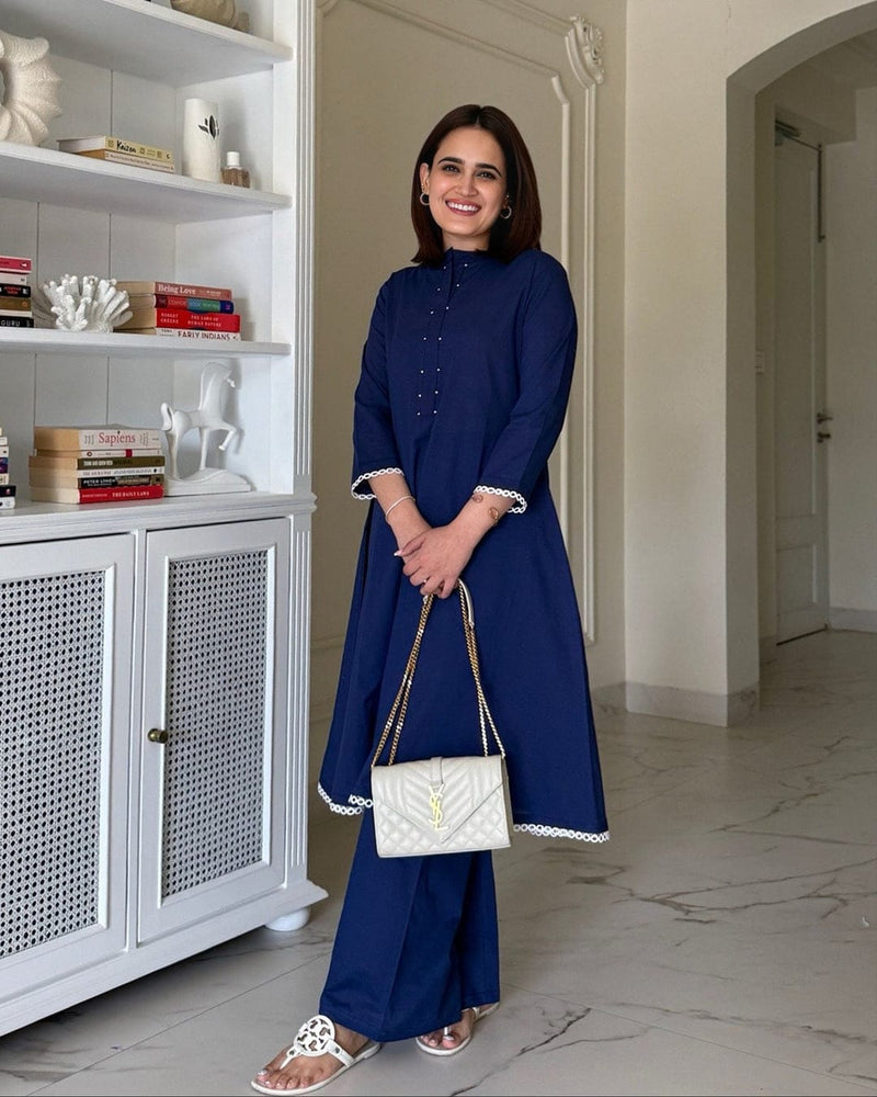 Navy Blue Solid Cotton Co-ord Set with Bead Work &amp; Crochet Lace Detailing
