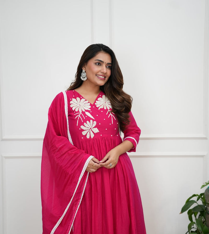 Elegant Flaired Cotton Kurta Set with Malmal Dupatta