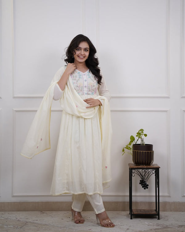 Elegant Cotton Anarkali Kurta Pant Dupatta Set