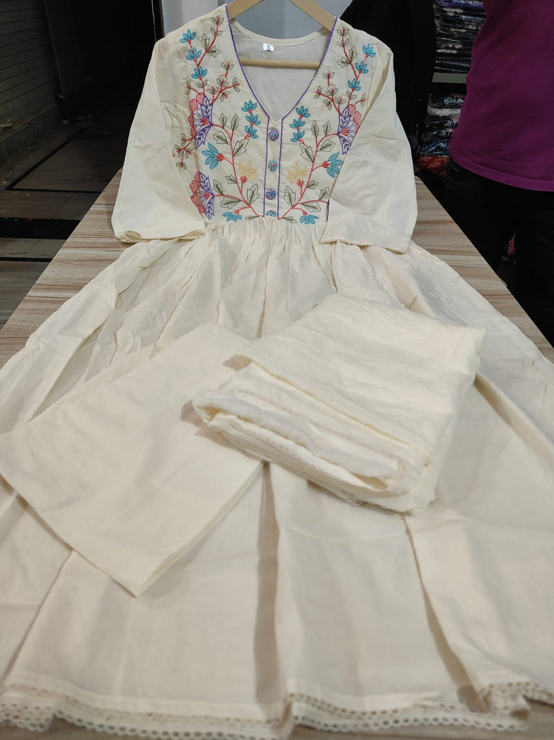 Elegant Cotton Anarkali Kurta Pant Dupatta Set