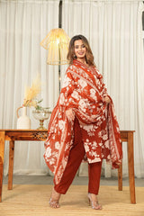 premium cotton with floral print  beautiful Kurti, Pant & Dupatta Set