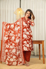 premium cotton with floral print  beautiful Kurti, Pant & Dupatta Set