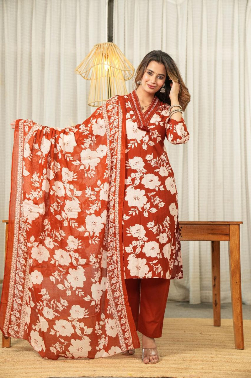 premium cotton with floral print  beautiful Kurti, Pant & Dupatta Set