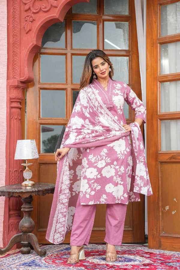 premium cotton with floral print  beautiful Kurti, Pant & Dupatta Set