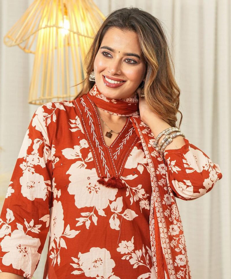 premium cotton with floral print  beautiful Kurti, Pant & Dupatta Set