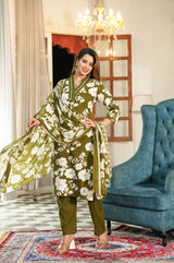 premium cotton with floral print  beautiful Kurti, Pant & Dupatta Set