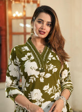 premium cotton with floral print  beautiful Kurti, Pant & Dupatta Set