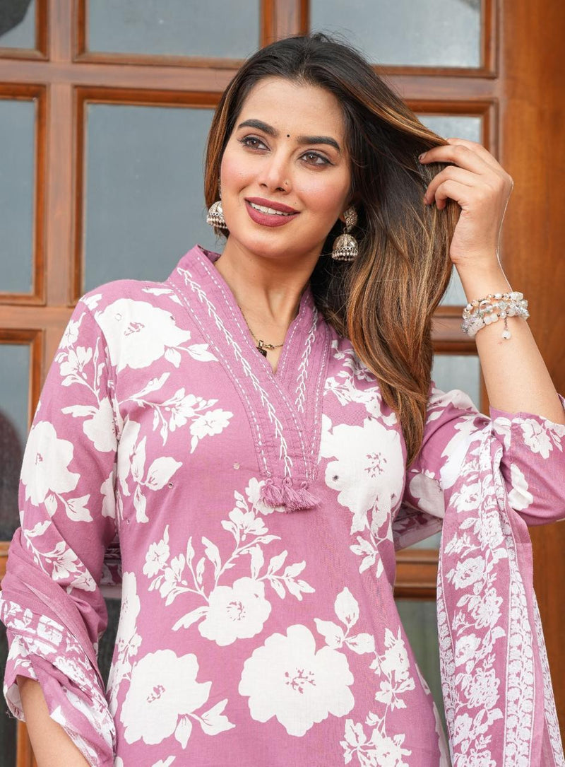 premium cotton with floral print  beautiful Kurti, Pant & Dupatta Set