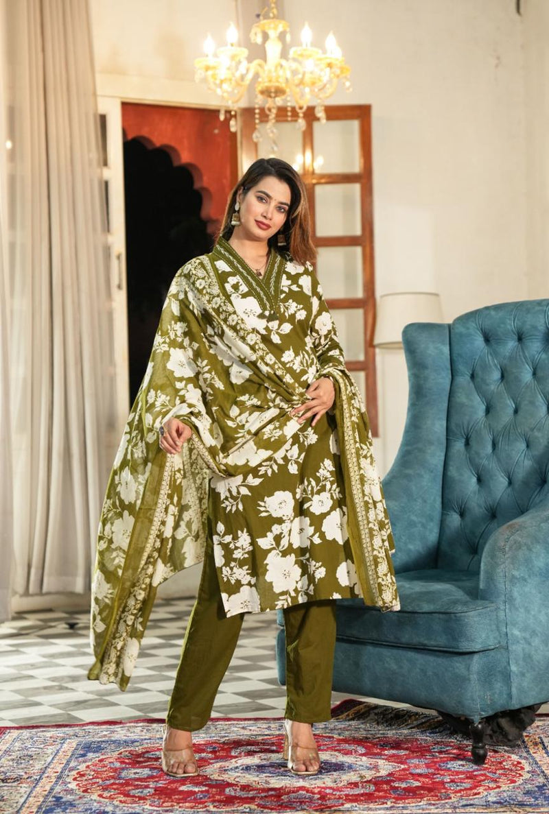 premium cotton with floral print  beautiful Kurti, Pant & Dupatta Set
