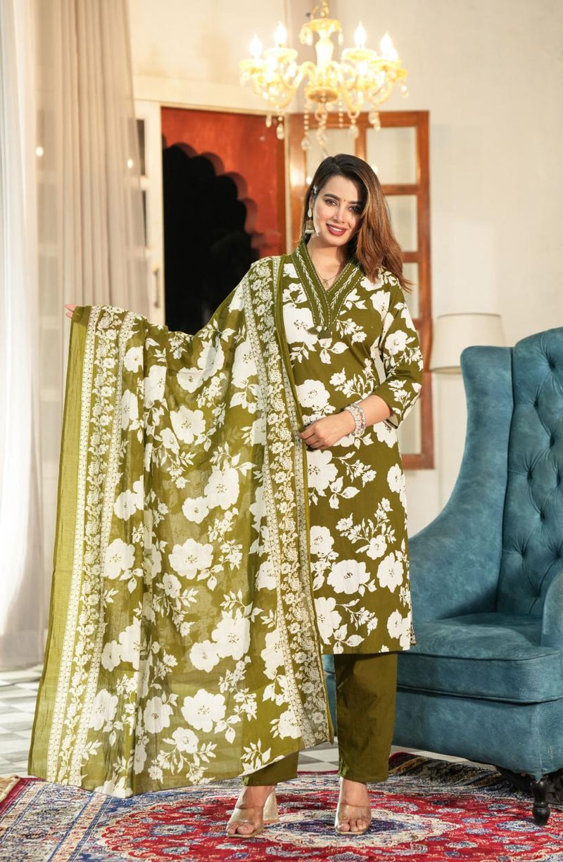 premium cotton with floral print  beautiful Kurti, Pant & Dupatta Set