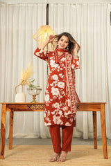 premium cotton with floral print  beautiful Kurti, Pant & Dupatta Set