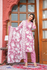 premium cotton with floral print  beautiful Kurti, Pant & Dupatta Set