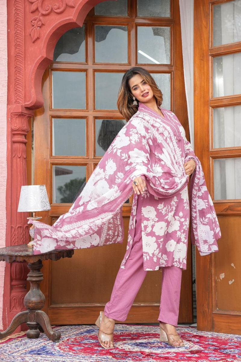 premium cotton with floral print  beautiful Kurti, Pant & Dupatta Set