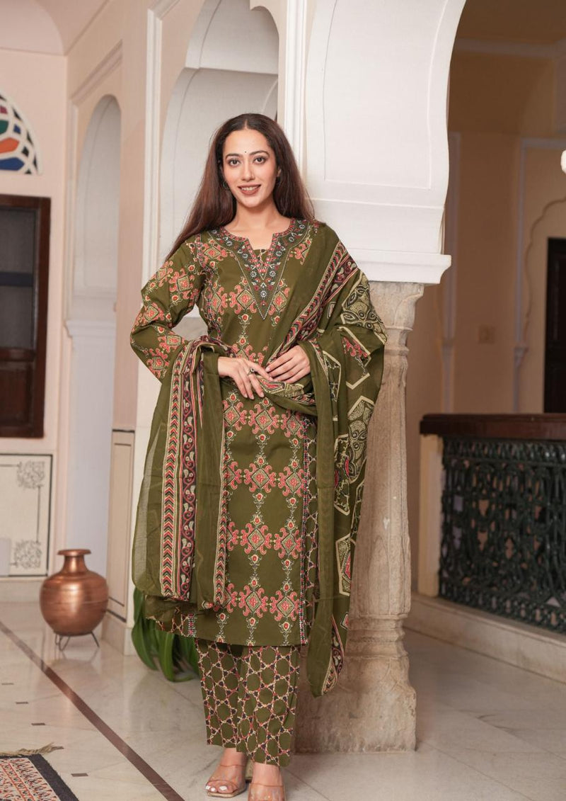 Heavy Quality Cotton Frock-Style Kurti Pant Dupatta Set
