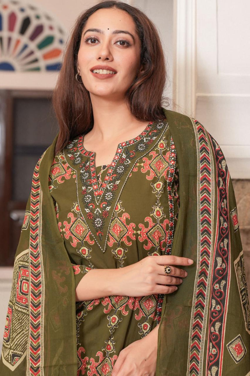 Heavy Quality Cotton Frock-Style Kurti Pant Dupatta Set