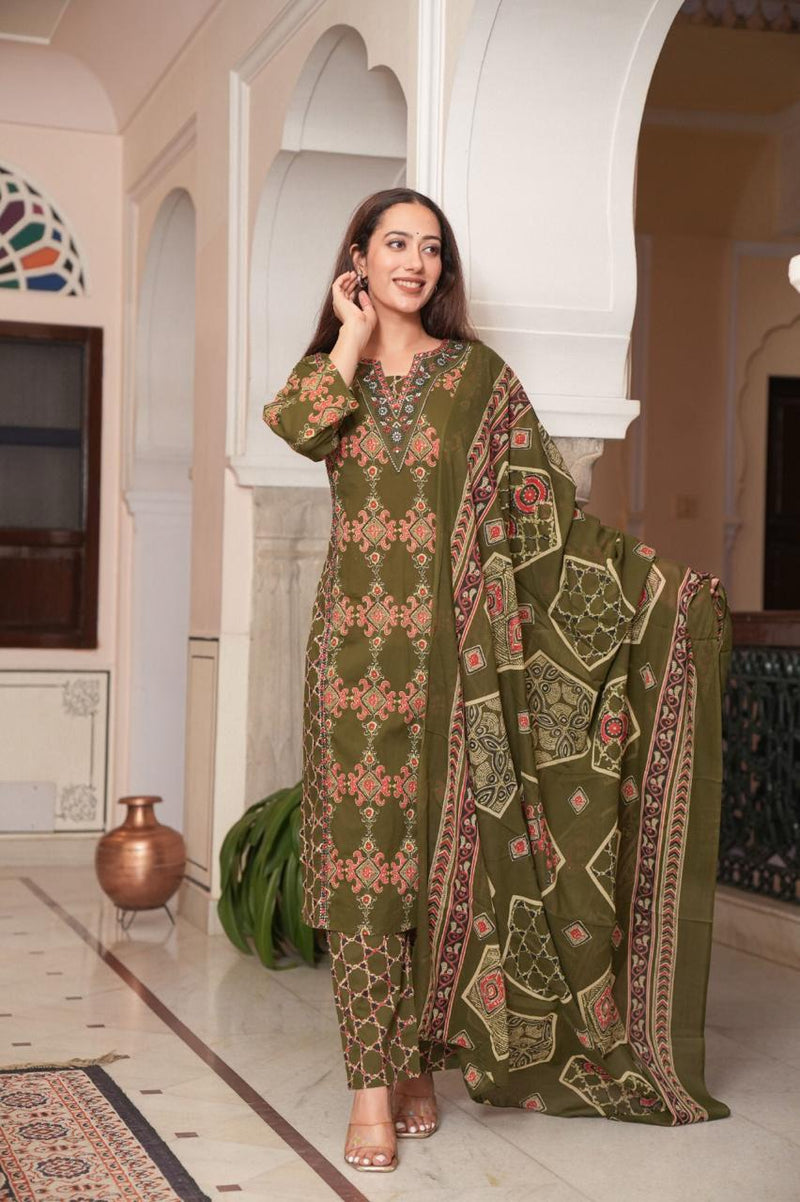 Heavy Quality Cotton Frock-Style Kurti Pant Dupatta Set