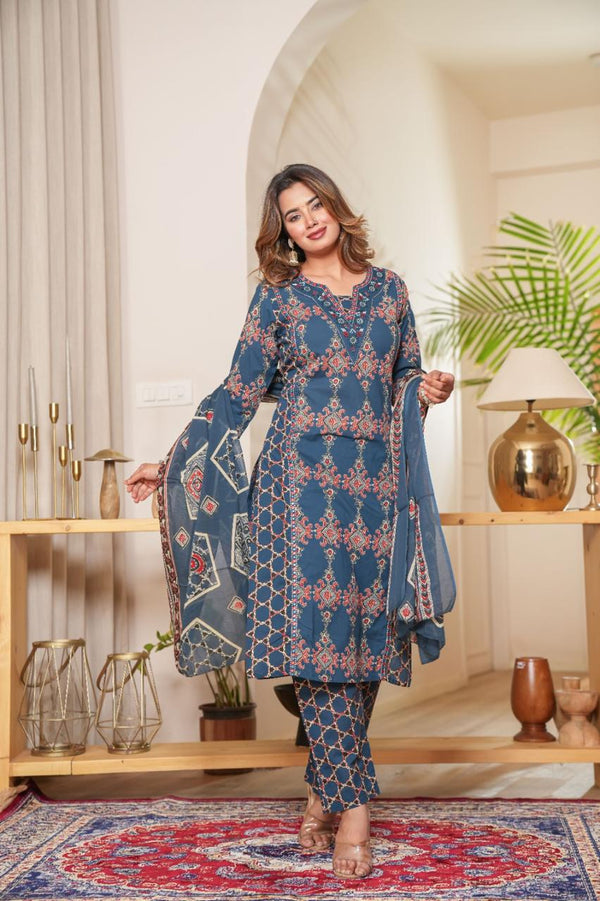 Heavy Quality Cotton Frock-Style Kurti Pant Dupatta Set