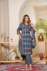Heavy Quality Cotton Frock-Style Kurti Pant Dupatta Set