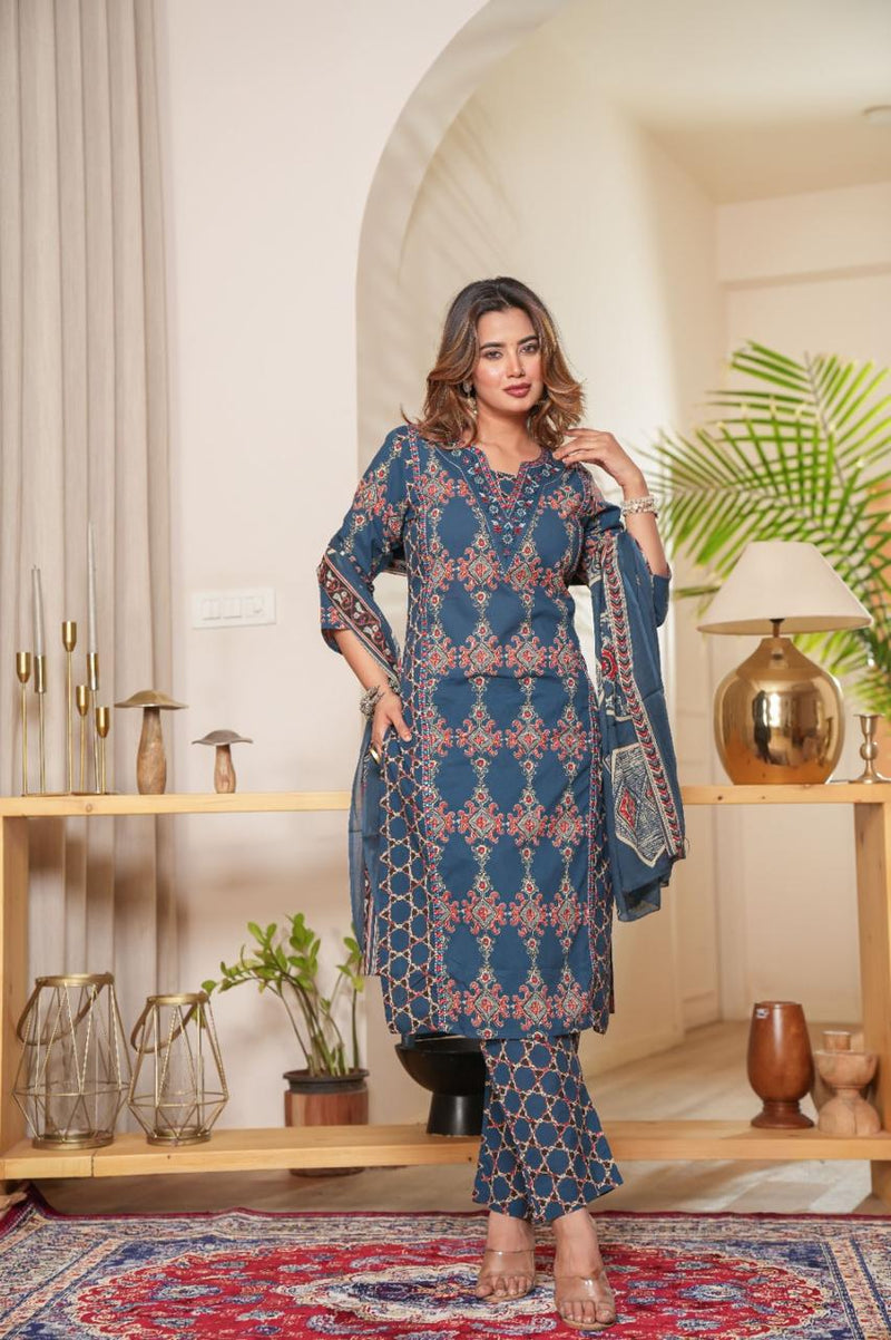 Heavy Quality Cotton Frock-Style Kurti Pant Dupatta Set