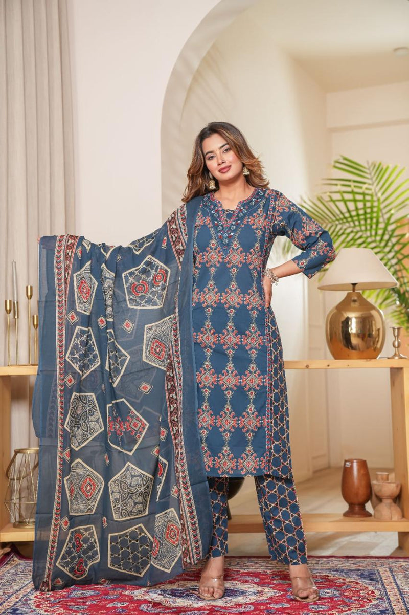 Heavy Quality Cotton Frock-Style Kurti Pant Dupatta Set