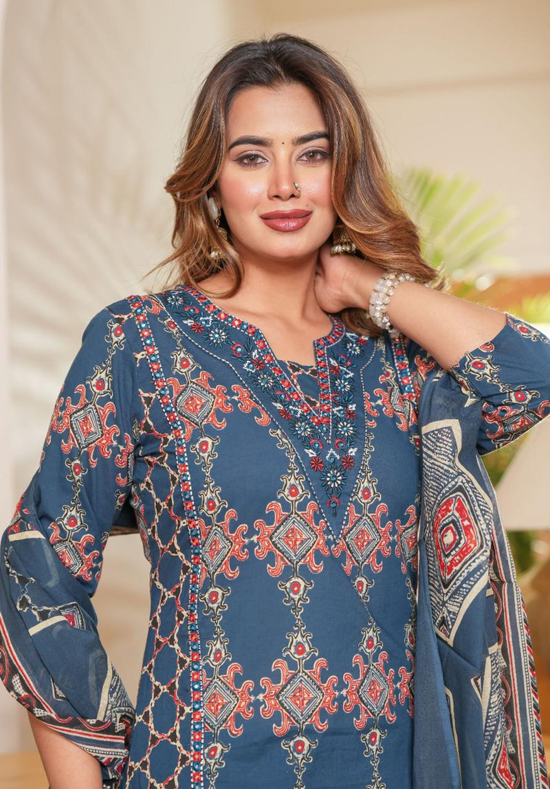 Heavy Quality Cotton Frock-Style Kurti Pant Dupatta Set