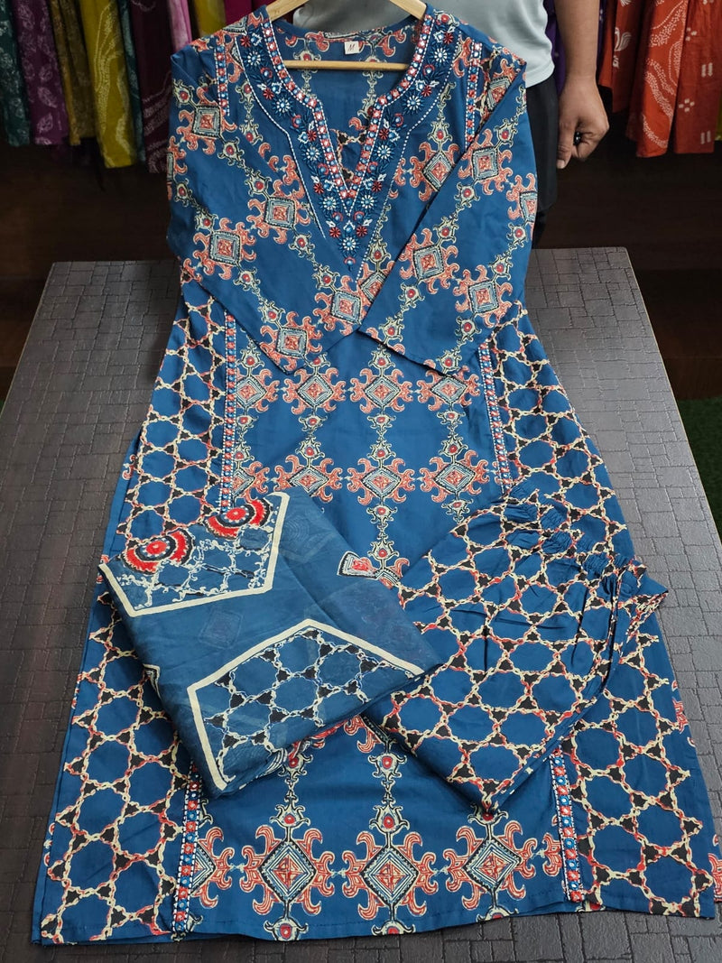 Heavy Quality Cotton Frock-Style Kurti Pant Dupatta Set