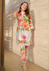 Floral Printed Cream Kurta Pant Set