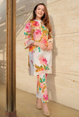 Floral Printed Cream Kurta Pant Set