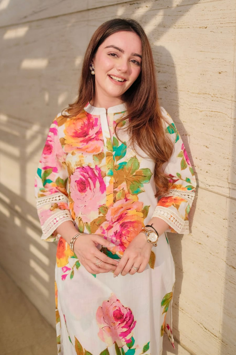 Floral Printed Cream Kurta Pant Set