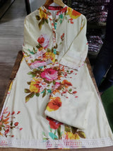 Floral Printed Cream Kurta Pant Set