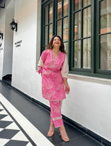 premium cotton pink kurti pant dupatta set