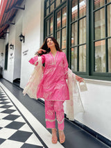 premium cotton pink kurti pant dupatta set