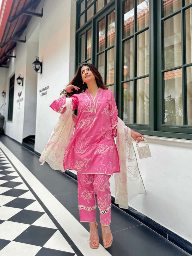premium cotton pink kurti pant dupatta set